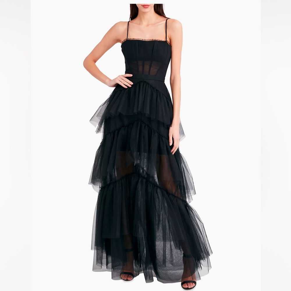 BCBGMAXAZRIA Sheer Tiered Ruffle Gown